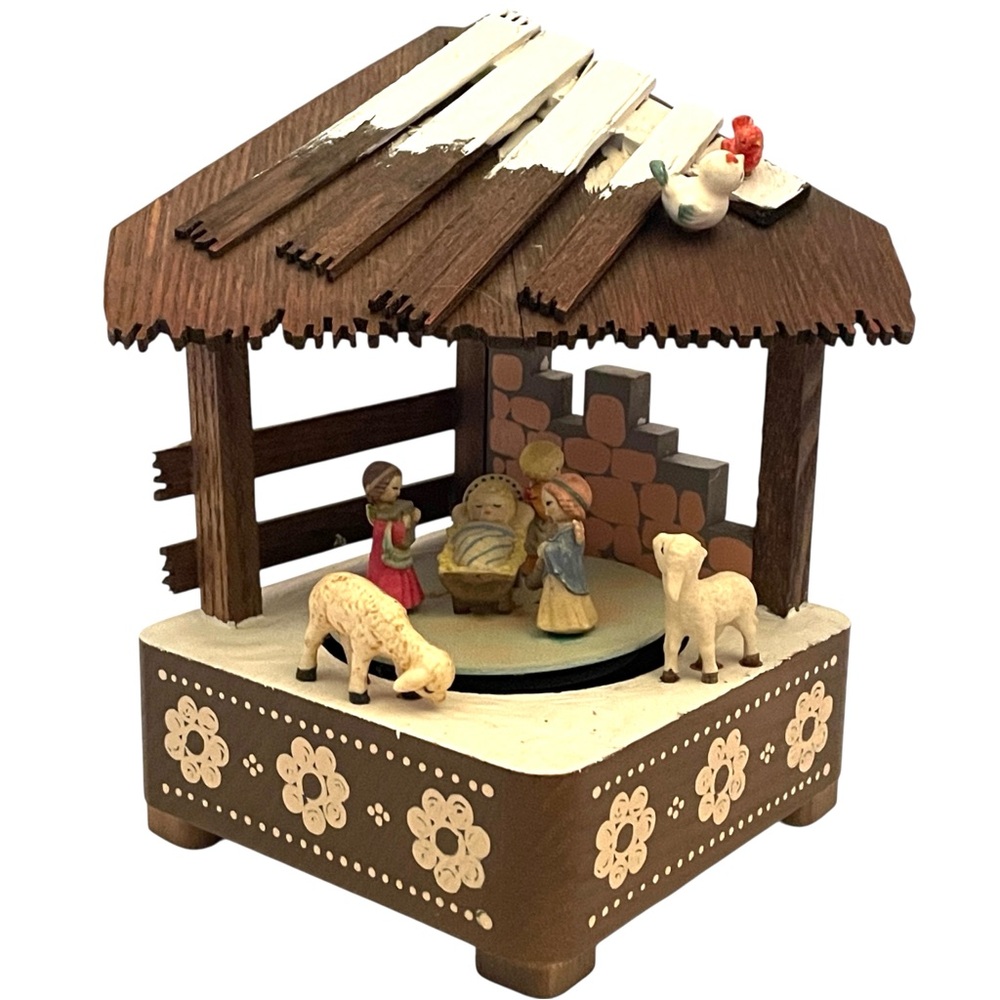 Vintage Anri Nativity Scene Music Box Angels & Baby Spin Play “Joy to the World”